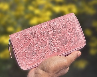 Floral Pattern Luxury Leather Wallet for Women, in Full Grain Tooled Leather, Zip Around Wallet, RFID Safe, Money Purse, Gift