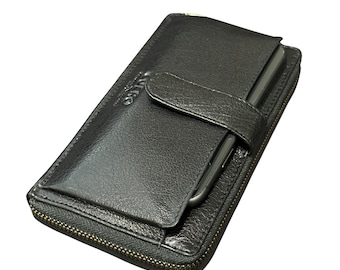 Men’s Leather Zipper Long Wallet, Natural Grain Leather, RFID Safe, Phone Wallet, Snap Button Lock, Card slots, Wallet , Gift