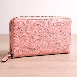 Portefeuille en cuir à fleurs pour femme, riche cuir pleine fleur gaufré, portefeuille à fermeture éclair, pochette, sac à main, blocage RFID, cadeau pour elle