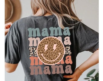 Comfort Colors Retro Mama Shirt, Smile Face Shirt, Leopard Print, Trendy Mom Shirt, Printed on Back, Happy Face Mom Shirt, Gift for Mom