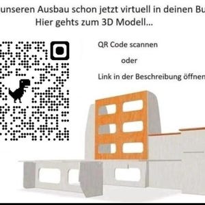 Może przedstawiać: Czarno-biały kod QR z małym dinozaurem w środku. Tekst nad kodem brzmi "Stelle unseren Ausbau schon jetzt virtuell in deinen Bus! Hier gehts zum 3D Modell..." Tekst pod kodem brzmi "QR Code scannen oder Link in der Beschreibung &ouml;ffnen".