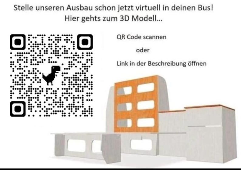 Może przedstawiać: Czarno-biały kod QR z małym dinozaurem w środku. Tekst nad kodem brzmi "Stelle unseren Ausbau schon jetzt virtuell in deinen Bus! Hier gehts zum 3D Modell..." Tekst pod kodem brzmi "QR Code scannen oder Link in der Beschreibung &ouml;ffnen".