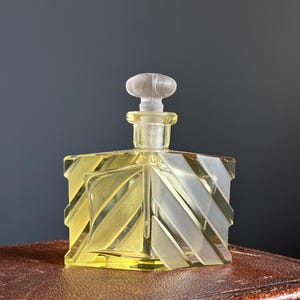 Art Deco Style Yellow Czech Glass Perfume Bottle | Antique Czechoslovakian Glass | Collectable Glass Perfume Bottle with Stopper Wand