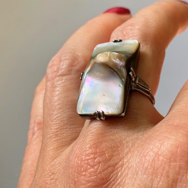 Vintage Art Deco Era Sterling Silver and Blister Pearl Ring (Size 5.5 or 5 1/2) | Statement Ring | Vintage Ring | Abalone Ring | Pearl Ring