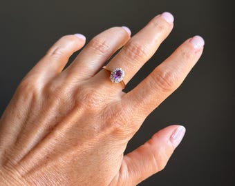 Vintage 9 kt geelgouden ring met amethist en diamant (maat 5,75) | Europese keurmerken | SJ Makers Mark