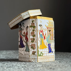 Vintage Chinese Tall Cloisonne Trinket Jewelry Box with Geisha and Floral Motif | Cloisonne Storage Box | Brass and Enamel Art