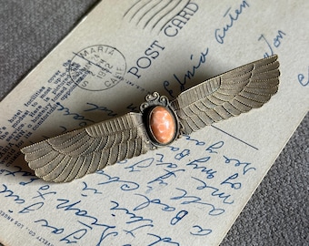 Vintage Brass Winged Scarab Beetle Brooch or Pin | Coral Cabochon Peking Glass | Egyptian Revival Jewelry