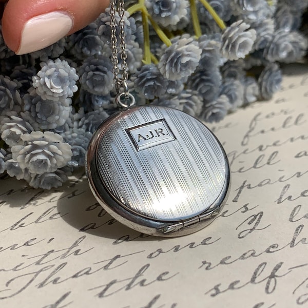 Antique Sterling Silver Pin Striped Locket / Pill Box & Necklace Engraved "AJR" | Sterling Pill Box | Snuff Box | Chatelaine Pendant