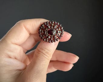 Antique Silver Gilt Oval Bohemian Garnet Cluster Brooch | Rose Cut Garnet Pin