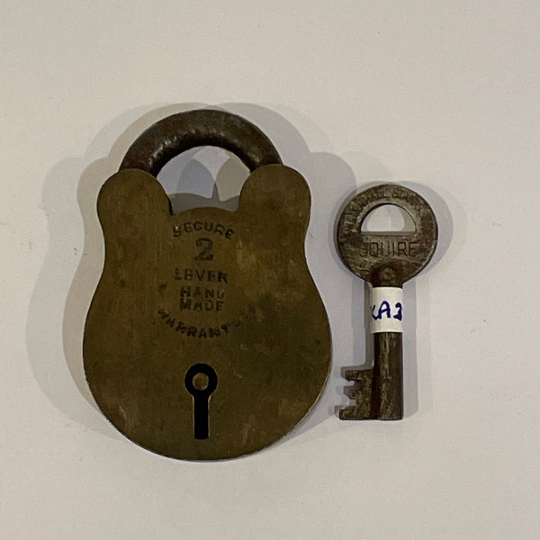 KA234A 19c Brass & Steel PADLOCK H55 x W48mm WT 70gm secure 2 lever hand made warranted c poss replacement Squire Forged steel Key FREEPOST