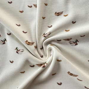 Jersey Rib Fabric Small Ducks Cream Cotton Rib Jersey