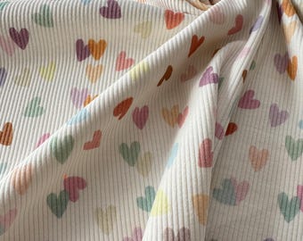 Ribbed Jersey Fabric with Colorful Hearts | Ribbed Hearts, Stretch Cotton Jersey, Patterned, Children's Fabric, Girls, Baby | Sewing DIY