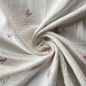 Muslin embroidered, butterfly, cream, double gauze, comforter, cotton fabric, children&#39;s fabric