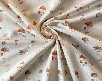 Jersey fabric mushrooms cream cotton