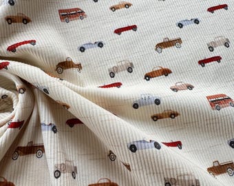Ribbed Jersey with Colorful Cars | Ribbed Jersey in Cream, Red, and Blue | Stretch Fabric | Vehicle Motif Fabric | Children's and Boys' Clothing | Sewing, DIY Decorations, and Clothing