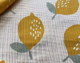 Muslin fabric with large lemons on sand | Double gauze cotton fabric with lemon pattern, beige and natural | Summer sewing fabric with fruit print | DIY decor