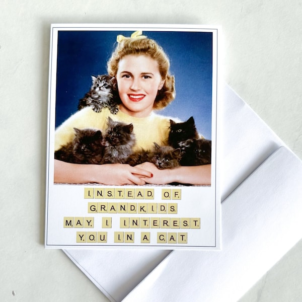 Funny Mother's Day Card, Instead of Grandchildren May I Interest You In A Cat, Cat Mom, Childfree, Cat Lover, Retro, Vintage, Greeting Card