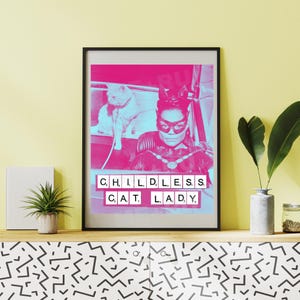 Impressão de arte política, Cat Lady sem filhos, Kamala, gatos, retrô, Scrabble, arte de parede, feminismo, sem filhos, 8x10, decoração de casa, 2024, votação