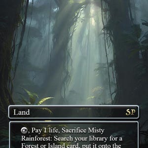 May include: A card titled "Misty Rainforest" with a lush rainforest scene. The card features a dark, detailed illustration of a misty forest with sunlight streaming through the trees. Text at the bottom describes the card's function.