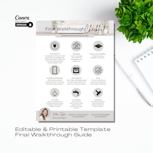 May include: A printable checklist for a final walkthrough of a home. The checklist includes sections for electricity, repairs, walls and flooring, doors and windows, appliances, HVAC, fixtures, plumbing, and exterior. The checklist is designed to be used by a real estate agent or homeowner.