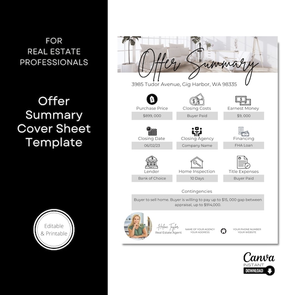 Real Estate Offer Summary, Real Estate Offer Cover Sheet, Real Estate Marketing Templates, Real Estate Offer, Offer Summary, Canva Template