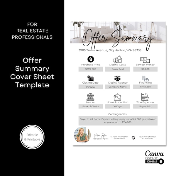 Real Estate Offer Summary Template - Etsy