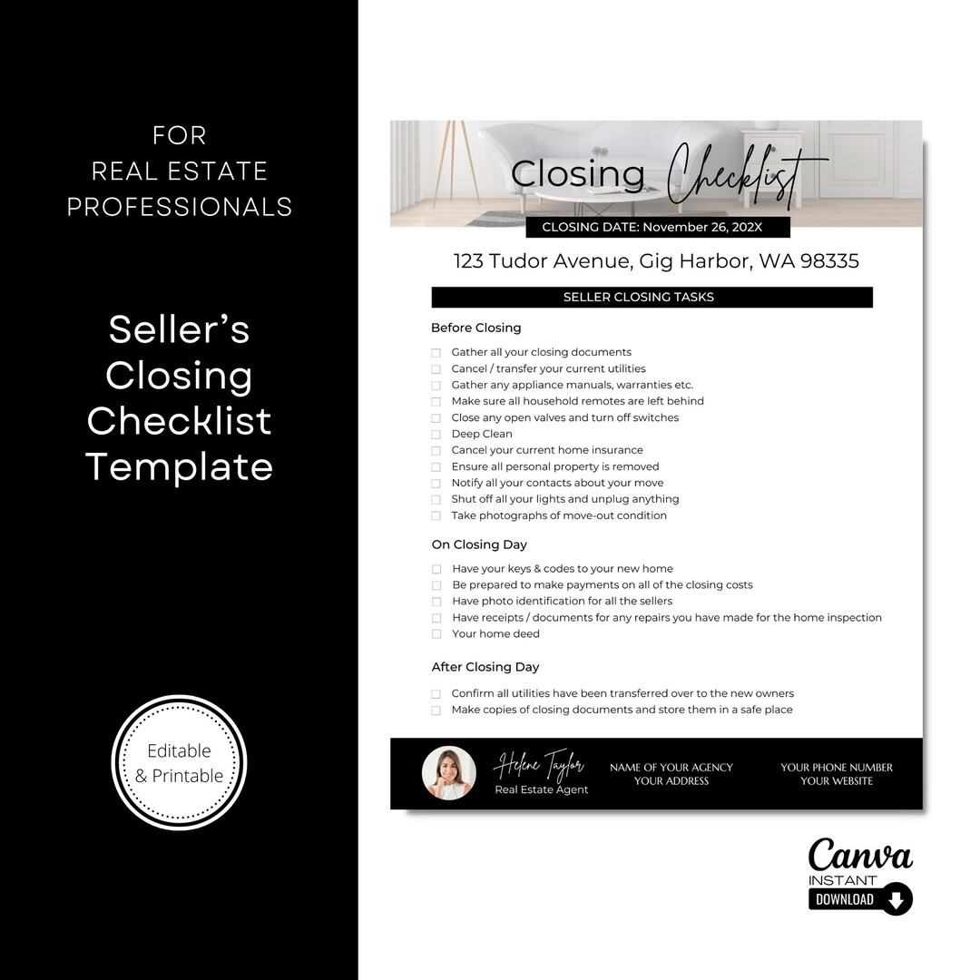 Real Estate Seller Closing Checklist Template (canva Template) - Etsy