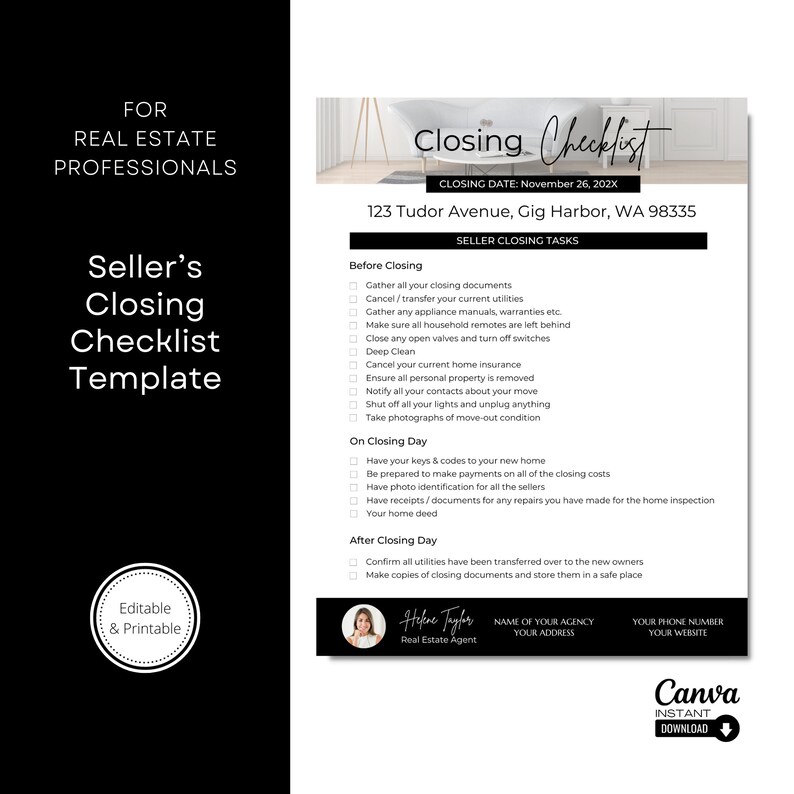 Real Estate Seller Closing Checklist Template (canva Template) - Etsy