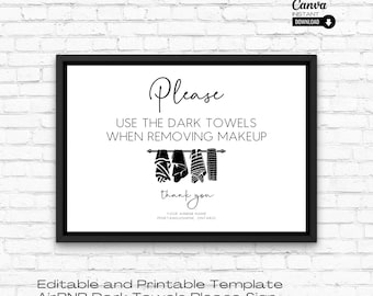 Letrero de toallas oscuras: Decoración de baño editable para Airbnb (imprimible)
