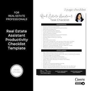 May include: A black and white checklist template for real estate assistants. The checklist is divided into two sections: Administrative and Active Listings. The checklist includes tasks such as mail list maintenance, CRM system upkeep, travel arrangements, sales meeting updates, financial statement updates, year-end statistical analysis, bookkeeping, payroll duties, scheduling appointments, floor duty, runner and errand duties, supervision, management, and training of other team members. The checklist also includes tasks such as sign, lockbox, and brochure box installation, taking photos and videos of the property, entering and updating MLS information, creating brochures and flyers for the property, proofreading materials, obtaining information and public records for the property, measuring homes, field sign calls, scheduling incoming and outgoing showings, updating listing information, researching and forwarding any property information that can affect sale, and researching establishments and community resources near property.