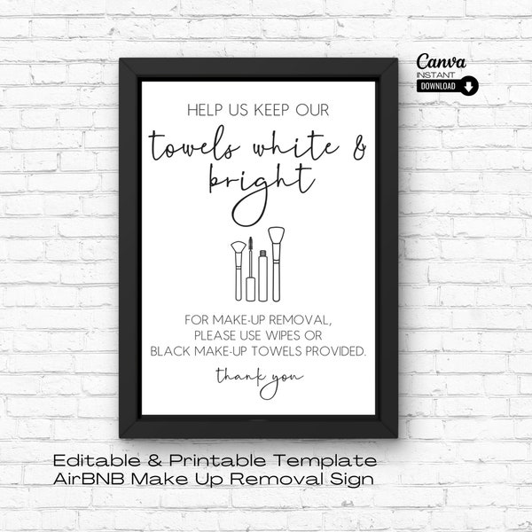 Editable Airbnb Makeup Removal Sign, Printable Airbnb Makeup Removal Sign, Use Dark Towels Sign, Airbnb Bathroom Signage, Vacation Rental