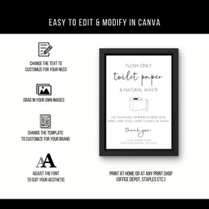 May include: Black and white printable sign with the text "Flush Only Toilet Paper & Natural Waste" and a graphic of a roll of toilet paper. The sign also includes the text "No "flushable" feminine hygiene items, wipes, hair, food, paper towels or trash. Thank you. Your Airbnb name, Penetanguishene, Ontario."