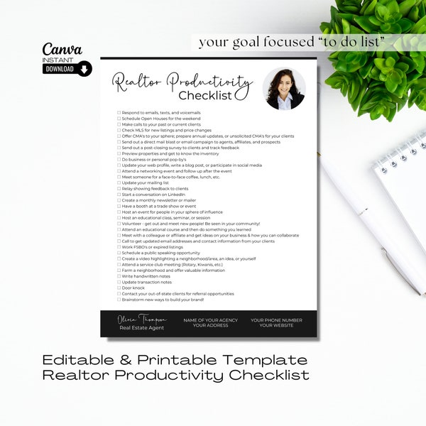 Printable Real Estate Productivity Checklist, Editable Realtor Task Checklist, Realtor Agent To Do List, Real Estate Marketing, Task Manager