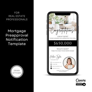 Pre Approval Notification Mobile Template, Editable You Are Approved Template, Mortgage Broker, Loan Officer, Real Estate Marketing, Canva