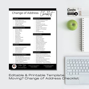 Könnte beinhalten: Eine schwarz-weiße, druckbare "Checkliste zur Adressänderung"-Vorlage mit Kategorien wie Finanzen, Community und Home Services. Das Bild enthält ein Canva Instant Download-Logo, einen grünen Apfel, einen Notizblock und eine Tastatur im Hintergrund.