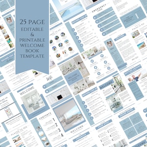 Puede incluir: Una plantilla de libro de bienvenida imprimible de 25 páginas para alquileres vacacionales. La plantilla incluye páginas para mensajes de bienvenida, normas de la casa, consejos locales, lugares para visitar y mucho más. La plantilla está diseñada en un esquema de color azul claro y blanco.