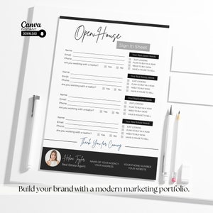 May include: Black and white open house sign-in sheet with a checklist for real estate needs. The sheet includes fields for name, email, phone number, and whether the person is working with a realtor. The sheet also includes a thank you message and space for the real estate agent's name, agency, address, phone number, and website.