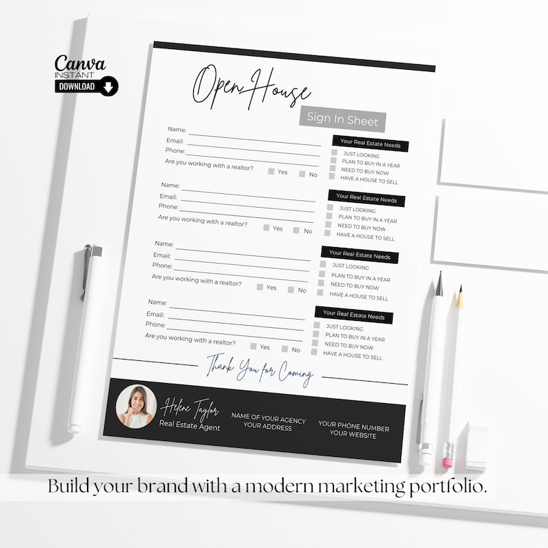 May include: Black and white open house sign-in sheet with a checklist for real estate needs. The sheet includes fields for name, email, phone number, and whether the person is working with a realtor. The sheet also includes a thank you message and space for the real estate agent's name, agency, address, phone number, and website.