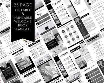Airbnb Welcome Book Template, Editable Canva Welcome Guide, Air BNB House Manual, Superhost, VRBO Vacation Rental ebook, black and white