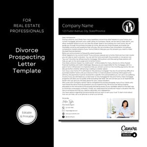Könnte beinhalten: Eine schwarz-weiße Briefvorlage für Immobilienfachleute mit dem Titel "Divorce Prospecting Letter Template". Der Brief bietet Ratschläge für Hausbesitzer, die sich scheiden lassen, einschließlich Informationen zum Verkauf oder zur Refinanzierung eines Hauses, den Auswirkungen einer Scheidung auf die Kreditwürdigkeit und dem Kauf eines neuen Hauses, während man noch auf einem vorherigen Hypothekenkredit eingetragen ist. Der Brief stammt von einer Immobilienmaklerin namens Helene Taylor.
