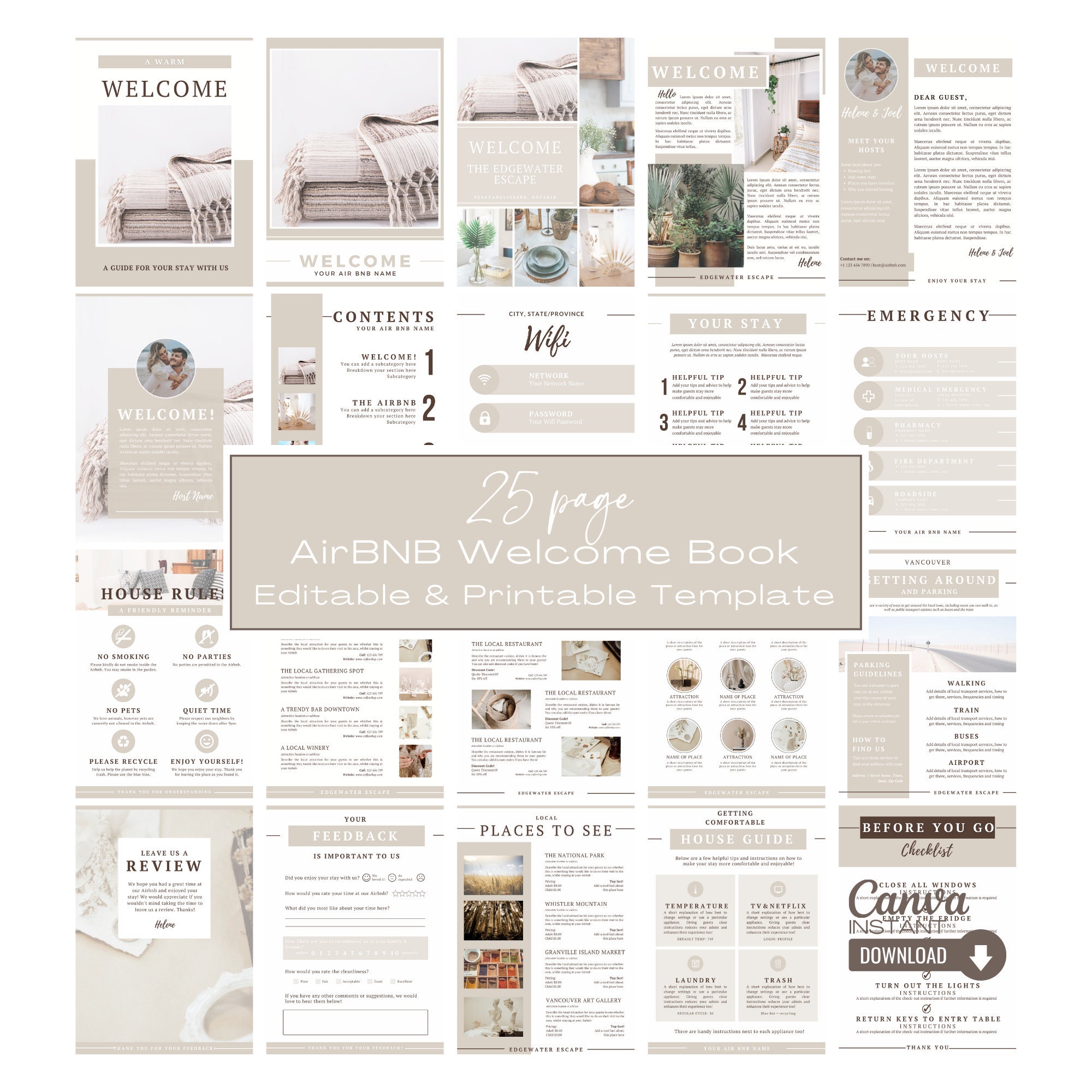 Airbnb Welcome Book Template: Editable 25-Page Guidebook (Canva, Instant Download)