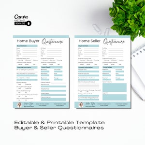 Buyer Questionnaire, Seller Questionnaire, Real Estate Marketing, Real Estate Questionnaire, Home Buyer Questionnaire, Digital Download