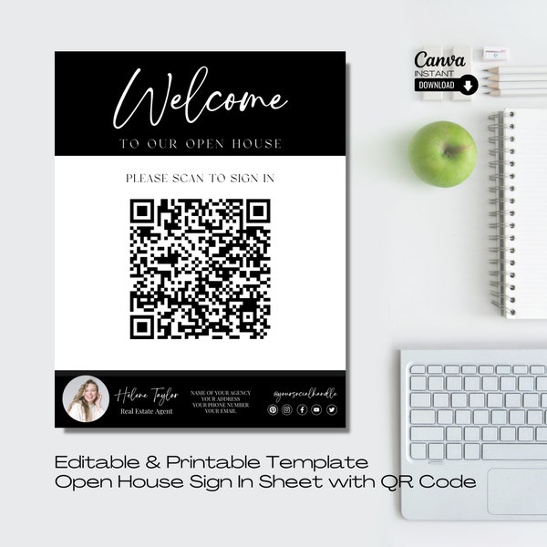 Open House Sign In Sheet with QR Code, Realtor Branding, Real Estate Agent Marketing, Printable Open House Touchless Sign In Canva Template