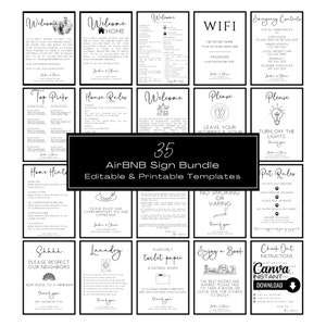 May include: A black and white printable sign bundle for Airbnb hosts. The signs include welcome messages, house rules, pet rules, laundry instructions, and more. The bundle includes 35 signs.