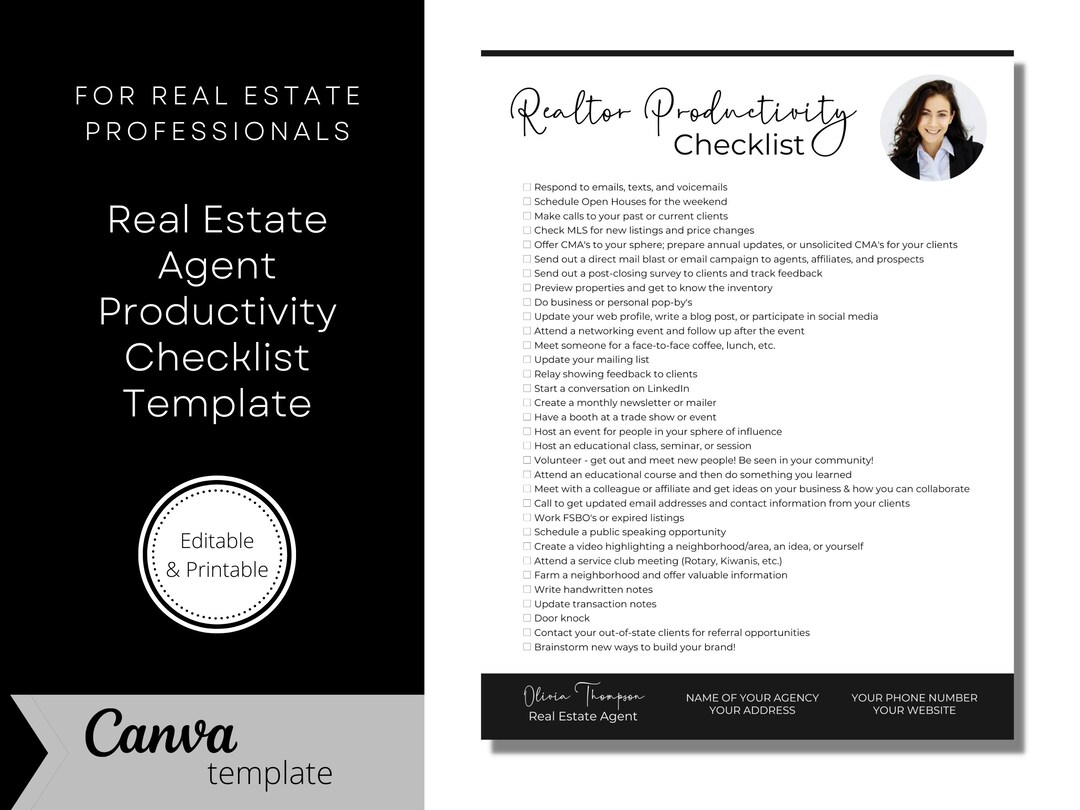 Printable Real Estate Productivity Checklist Editable Realtor Etsy