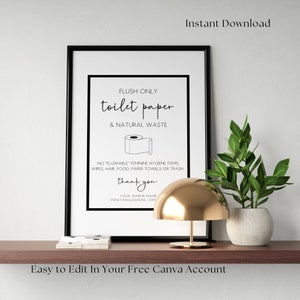 May include: A black and white printable sign with the text "FLUSH ONLY toilet paper & NATURAL WASTE" and a drawing of a roll of toilet paper. The sign also includes the text "NO FLUSHABLE FEMININE HYGIENE ITEMS, WIPES, HAIR, FOOD, PAPER TOWELS OR TRASH" and "thank you".