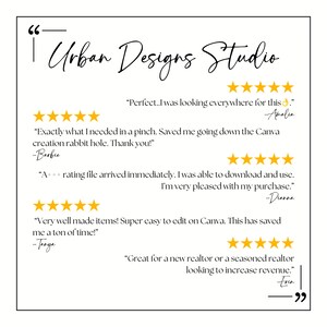 May include: A white background with black text that reads "Urban Designs Studio" and features five-star reviews from customers. The reviews highlight the quality of the products and the ease of use. The text includes quotes from customers such as "Perfect. I was looking everywhere for this." and "Exactly what I needed in a pinch. Saved me going down the Canva creation rabbit hole. Thank you!"