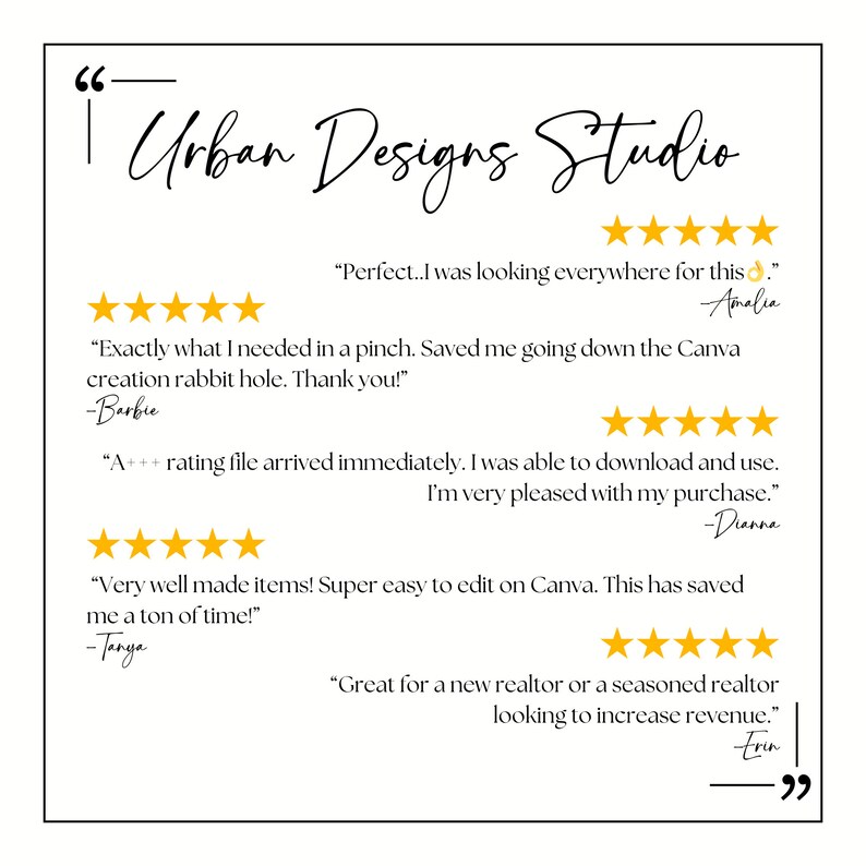 May include: A white background with black text that reads "Urban Designs Studio" and features five-star reviews from customers. The reviews highlight the quality of the products and the ease of use. The text includes quotes from customers such as "Perfect. I was looking everywhere for this." and "Exactly what I needed in a pinch. Saved me going down the Canva creation rabbit hole. Thank you!"