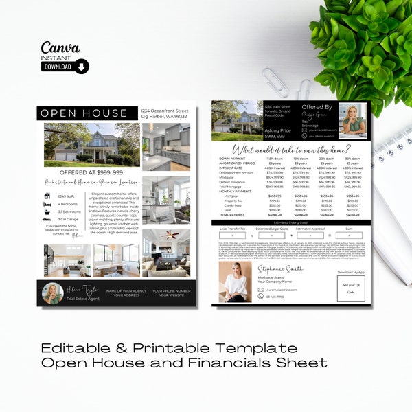 Real Estate Home Feature Sheet, Real Estate Financials Sheet, Editable Financial Sheet Flyer, Open House Flyer, Real Estate Marketing, Canva