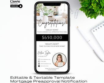 Pre Approval Notification Mobile Template, Editable You Are Approved Template, Mortgage Broker, Loan Officer, Real Estate Marketing, Canva